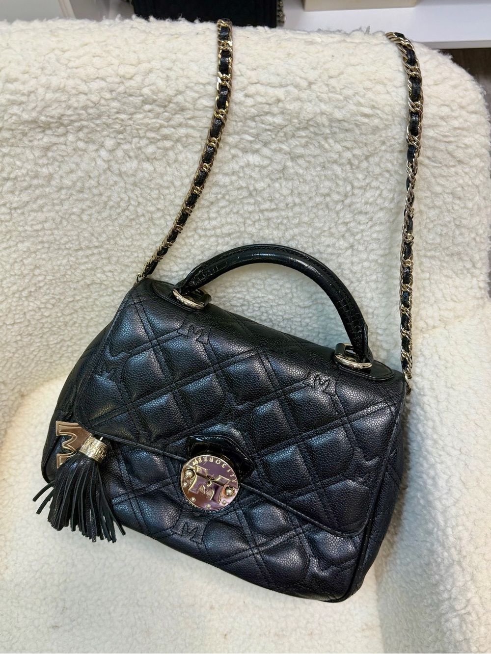 Black Quilted Top-Handle Womens Bag with Chain Strap
